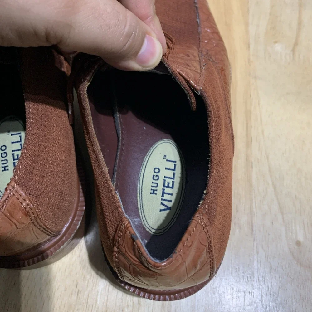 Vintage‎ Hugo Vitelli Red Marrón Crocodile Print Square Toe Loafers Sz 8.5